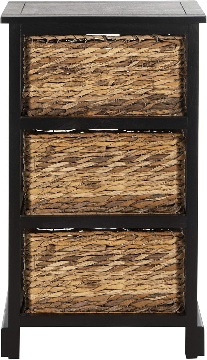 SAFAVIEH Home Collection – Halle Distressed Black Storage Side Table with Wicker Baskets, Farmhouse Accent Storage, Fully Assembled (AMH5738A)