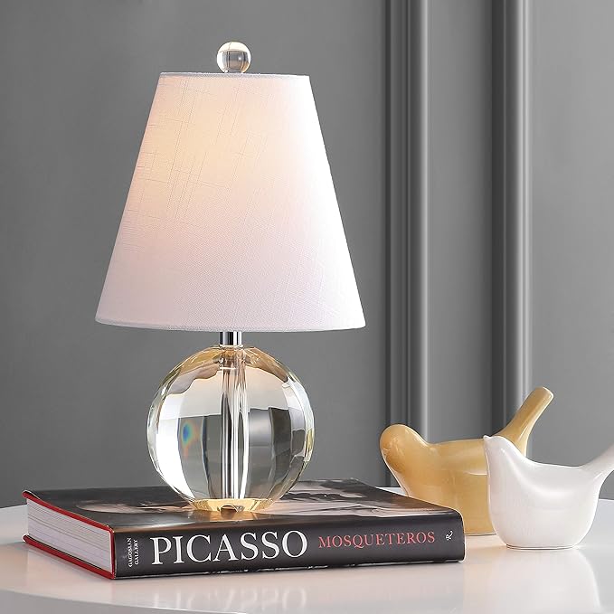 JONATHAN Y JYL2079A 16" Glam Crystal Ball Table Lamp, Modern Bedside Nightstand Lamp for Bedroom Living Room Office, Clear Glass Orb with White Linen Shade and Chrome Accents, LED Bulb Included