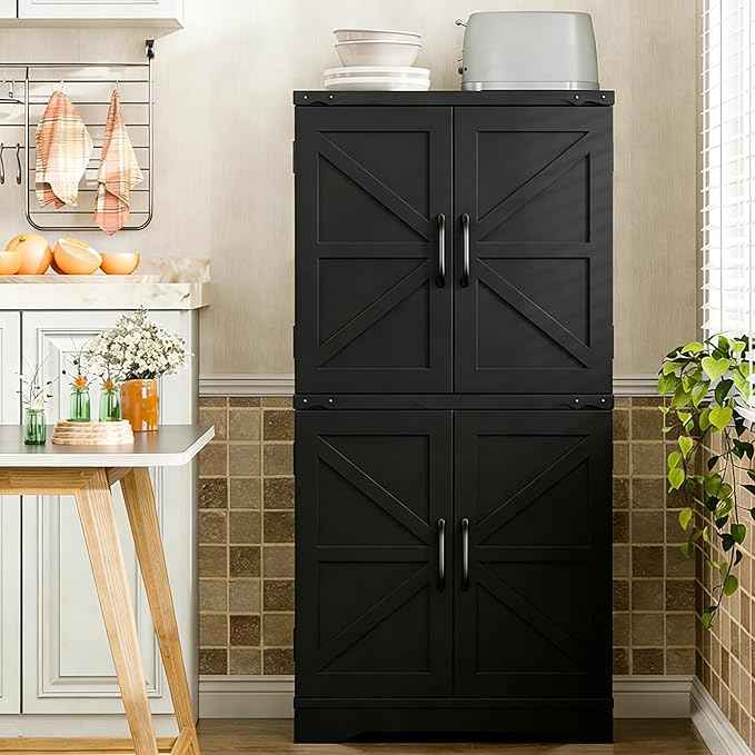 Vabches Farmhouse Floor Storage Cabinet with Adjustable Shelves, Rustic Style for Bathroom, Kitchen, Living Room, White and Black