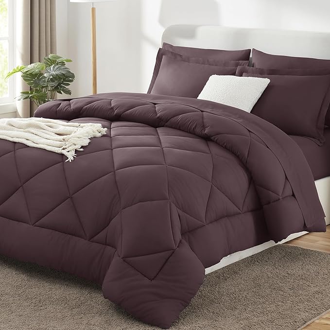 CozyLux Queen Comforter Set Cocoa Powder - Bed in a Bag Queen Size 7 Pieces, Luxury Soft Bed Set for All Seasons, Bedding Set with Down Alternative Comforter, Sheets, Pillowcases & Shams