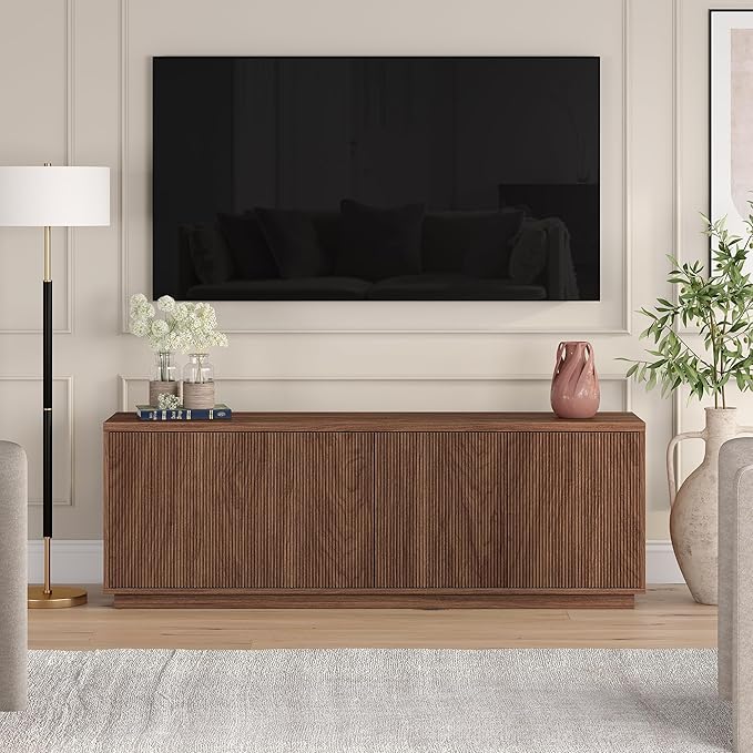 Henn&Hart Fluted TV Stand for TVs up to 75" with 2 Concealed Ribbed Storage Cabinets and Adjustable Shelves for Living Room, Family Room, or Office, Medium Walnut