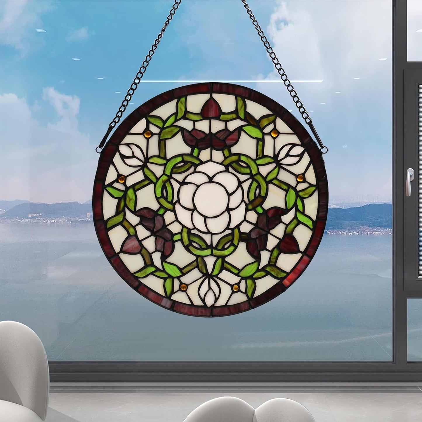 Handcrafted Stained Glass Window Panel - 12-Inch Round Floral Design with Vibrant Colors, Elegant Decorative Hanging Art for Home Décor, Includes 20-Inch Chain & Hook (Green iris)