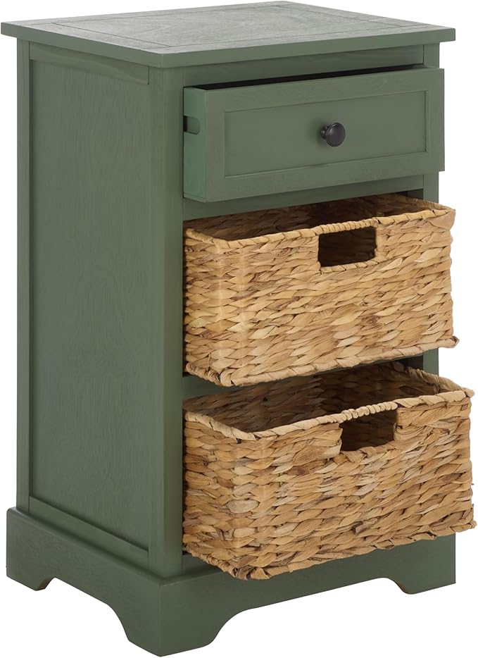 SAFAVIEH Home Collection – Carrie Dusty Green 3-Drawer Storage Side Table, Mixed-Material Cottage Design, Fully Assembled (AMH5700L)