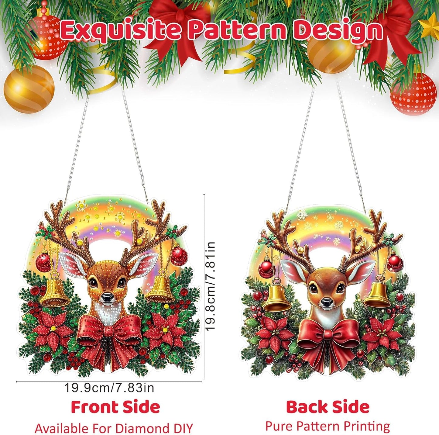 MEIYUDA Christmas Hanging Diamond Art Kits for Adult, Deer Diamond Painting Hanging Kits Ornaments, DIY Special Shaped Rhinestone Window Pendants kit for Home Garden Wall Decor Gift