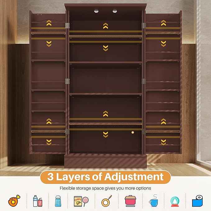 47” Pantry Cabinet, Kitchen Pantry Storage Cabinet with Doors & Adjustable Shelves, Brown Freestanding Buffet Cupboards Sideboard for Living Room and Dinning Room, Sturdy and Durable