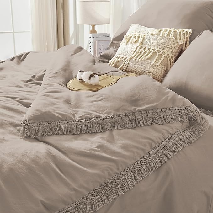 Andency Full Size Comforter Set Khaki -7 Pieces Boho Tassel Bed in a Bag Soft Lightweight Bedding Sets, Fringe All Season Bed Set with Comforter, Sheets, Pillowcases & Shams