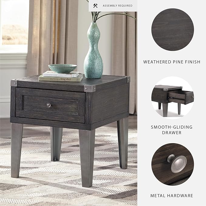 Signature Design by Ashley Todoe Industrial Square End Table with 1 Drawer, 2 Outlets and 2 USB Charging Ports, Dark Gray with Weathered Pine Finish