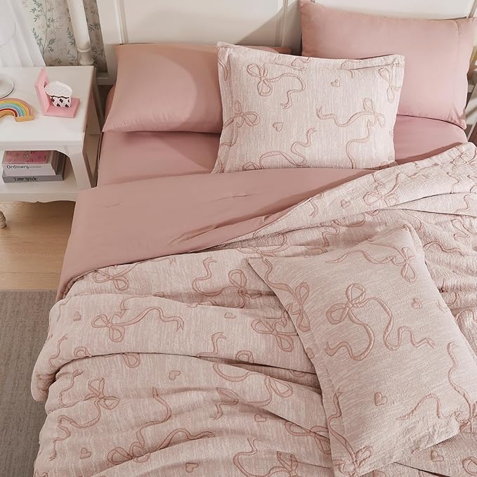 Geniospin Pink Queen Comforter Set for Girls- 7 Pieces Bowknot Jacquard Bed in A Bag Queen Bedding Sets with Sheets, Pillowcases & Shams, All Season Kids Comforter Set