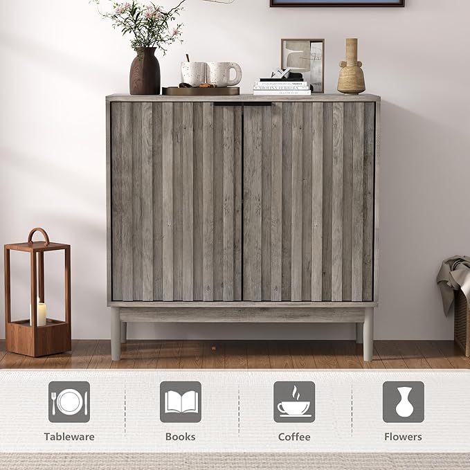 Fluted Cabinet with Storage, Small Buffet Cabinet Sideboard with Door, Kitchen Buffet Storage Accent Cabinets with Adjustable Shelves for Living Room, Entry, Hallway, Gray