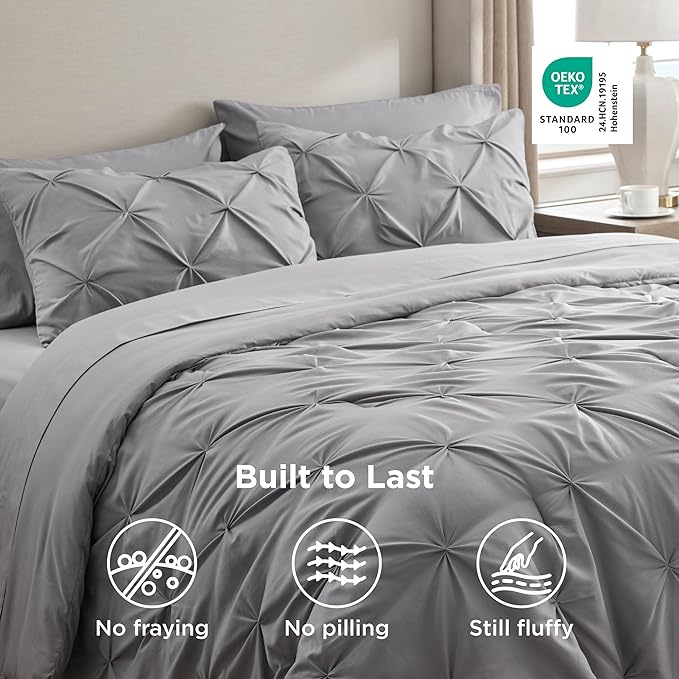 Bedsure Twin Comforter Set Grey - Bed in a Bag Twin Size Bedding 5 Pieces, GentleSoft™ Pintuck Bed Set Gift for Family, Pinch Pleat Grey Comforter with Sheets, Pillowcase & Sham