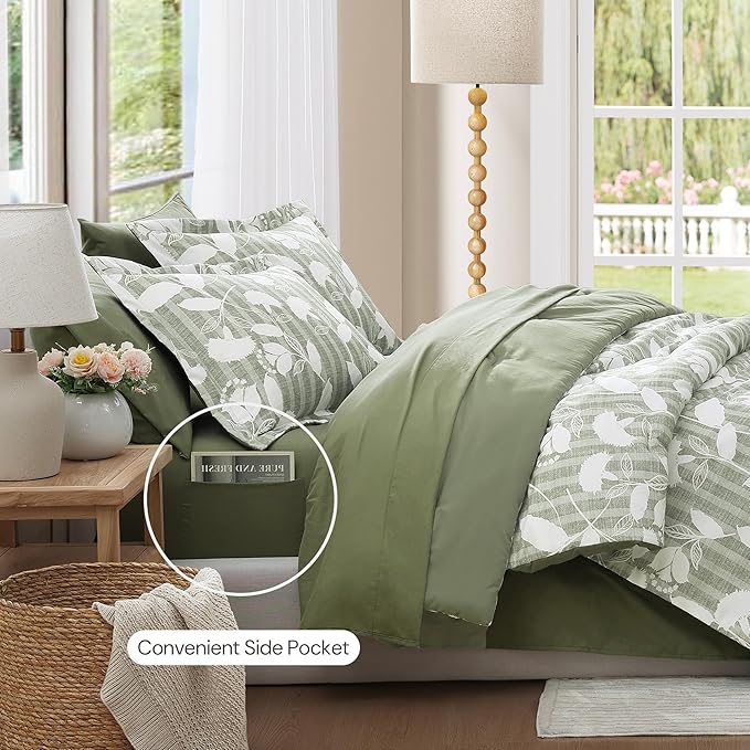 King Comforter Set -7 Pieces Sage Green Floral Comforter Set for All Seasons, Bed in a Bag King with Botanical Flowers Comforter, Sheets, Pillowcases & Shams