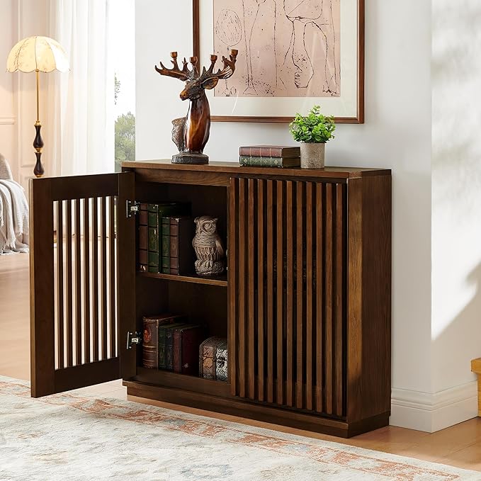 KEIKI 39" Mid Century Modern Fluted Hollowed Out Sideboard Cabinet with 2 Outlet Holes, Buffet Cabinet with Storage, Storage Cabinet for Living Room, Entryway, Hallway, Dining Room, Kitchen, Walnut