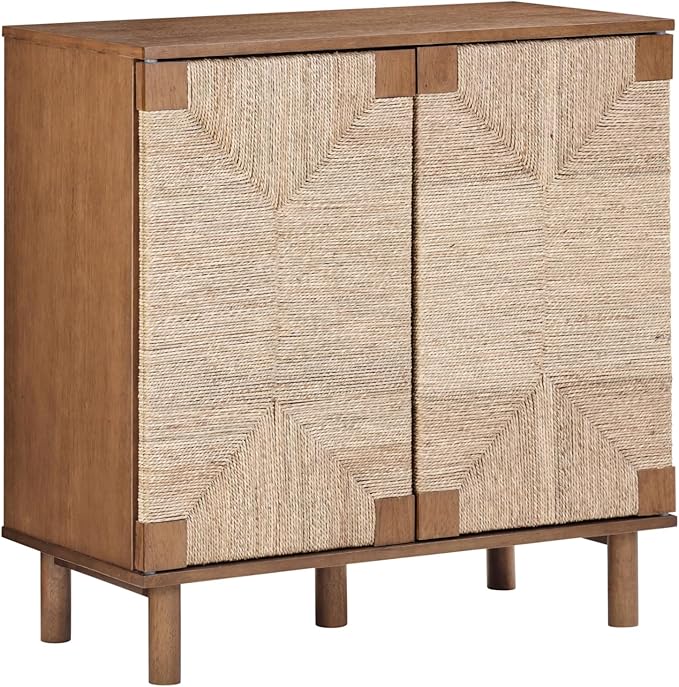 Nathan James Beacon Boho Accent Cabinet with Doors, Free Standing Kitchen Cabinet Storage with Adjustable Interior Shelf and Seagrass Accent, Dark Brown
