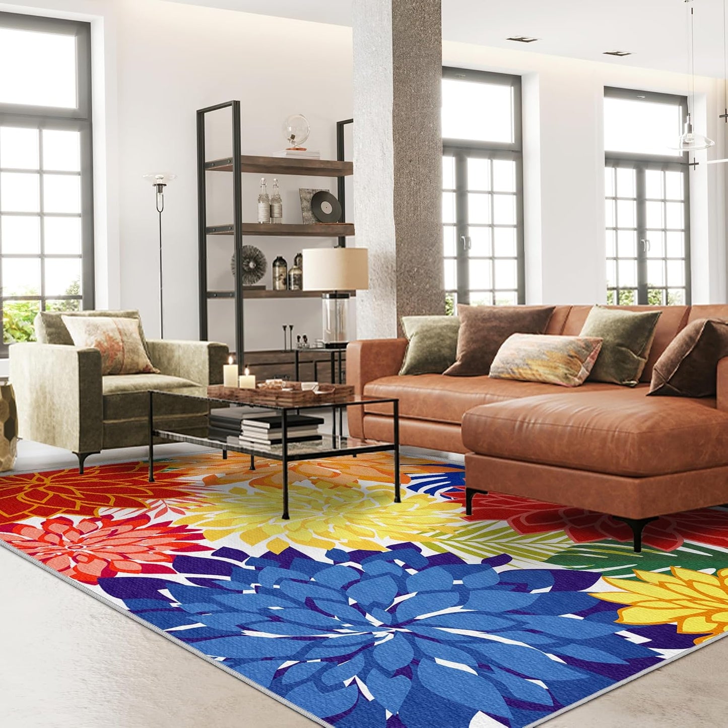 Indoor Outdoor Area Rug Washable Rugs Multicolored Patio Rug Tropical Botanical Modern Floral Indoor Outdoor Carpet Non Slip for RV, Pool Deck, Backyard, Porch (4x6)