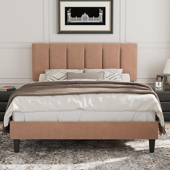 VECELO Full Bed Frame with Upholstered Headboard, Heavy-Duty Platform Bedframe with Strong Wooden Slats Support, No Boxing Spring Needed, Coffee