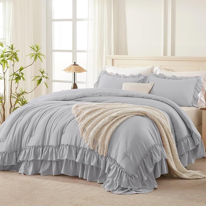 Andency Light Gray Twin Size Comforter Set(66x90Inch), 2 Pieces(1 Ruffle Comforter and 1 Pillowcase) Lightweight Fluffy Bedding Comforter Sets for Kids, All Season Soft Microfiber Bedding Set