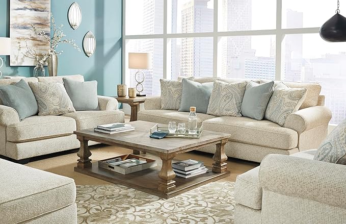 Signature Design by Ashley Monaghan Vintage Sofa with Accent Pillows, Reversible Cushions and Rolled Arms, Beige