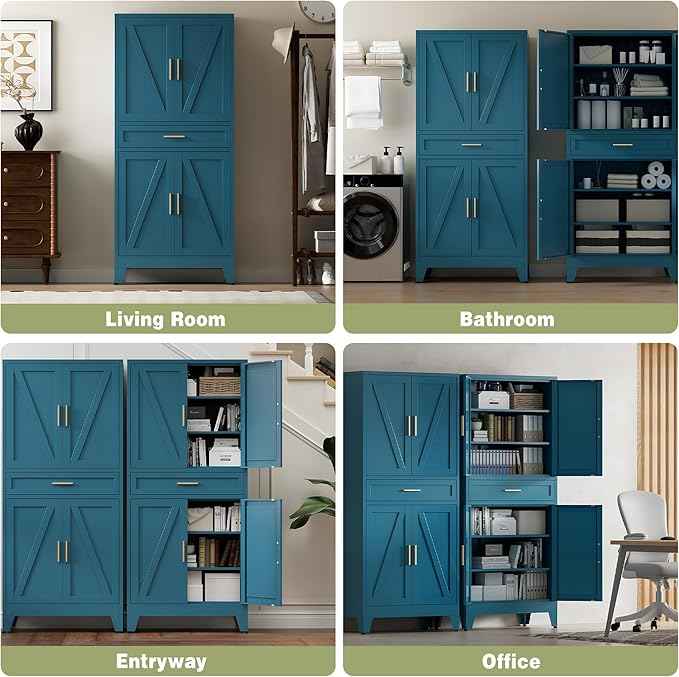 COFaR Farmhouse Storage Kitchen Pantry Cabinet with 4 Barn Door, 4 Adjustable Shelves, Drawer and Legs, for Cupboard/Dining Room/Bathroom/Living Room/Office/Laundry Room(Blue Green, 71" Metal Cabinet)