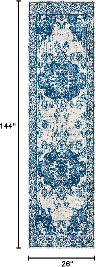 SAFAVIEH Monaco Collection Runner Rug - 2'2" x 12', Ivory & Blue, Non-Shedding & Easy to Clean, Distressed Medallion Design, Ideal for Hallway, Kitchen Foyer, Entryway (MNC243A)