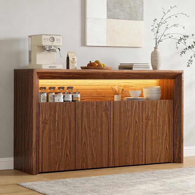Feonase 66.2" Buffet Cabinet with Storage & Led Lights, Modern Sideboard Cabinet with 4 Doors & Shelves, Fluted Media Console Mid Century, Coffee Bar Table for Living Room Kitchen Dining Room, Walnut