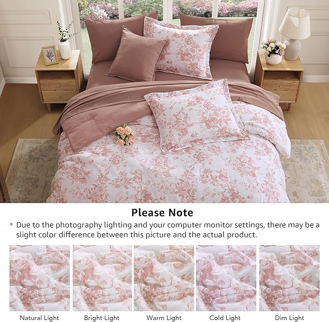 King Comforter Set -7 Pieces Pink Floral Comforter Set for All Seasons, Bed in a Bag King with Botanical Flowers Comforter, Sheets, Pillowcases & Shams