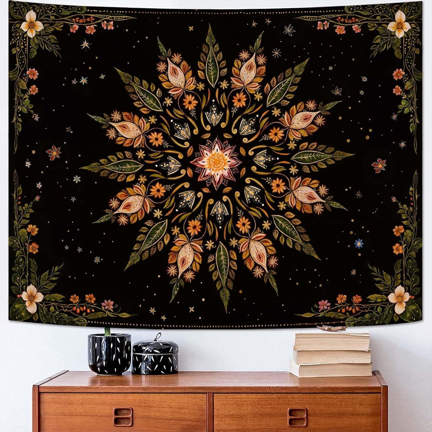 Fowocu Boho Floral Mandala Tapestry for Bedroom Aesthetic Vintage Bohemian Flower Wall Tapestry Black Green Hippie Indian Large Tapestries Wall Hanging for Living Room Dorm Decor 80 x 60 Inch