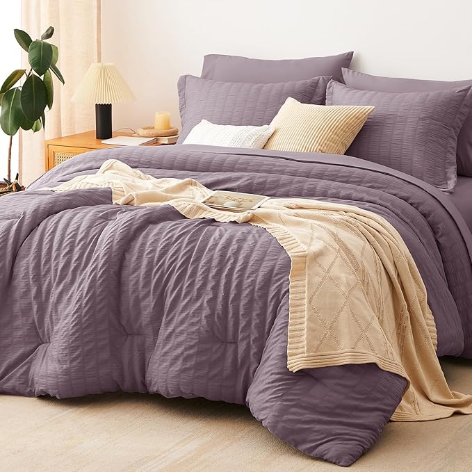 CozyLux Oversized Queen Comforter Set Dusty Purple Seersucker 7 Pieces 98x98 Bed in a Bag Comforter Set with Sheets, Luxury Bedding Sets with Down Alternative Comforter, Sheets, Pillowcases & Shams