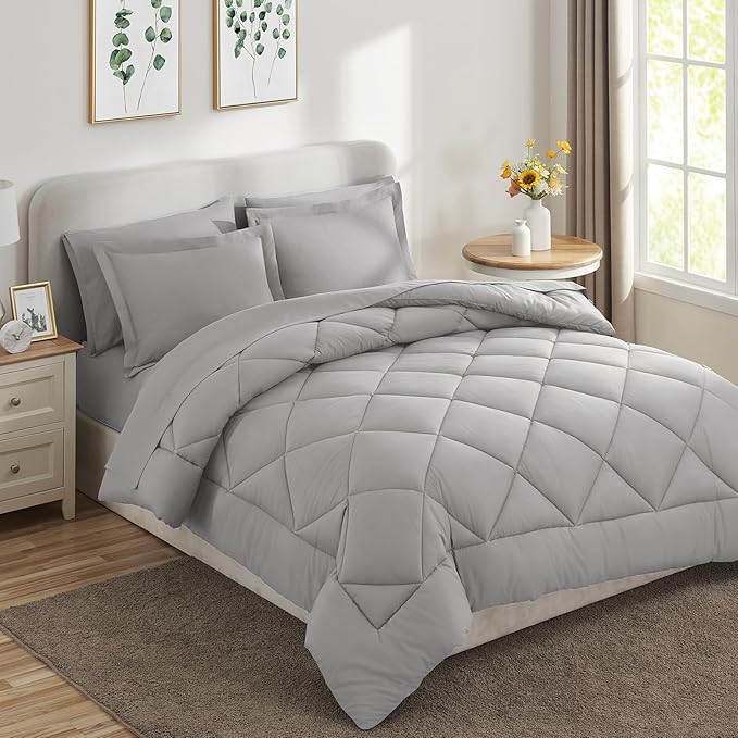 CozyLux Full Size Comforter Sets French Grey - 7 Pieces Bed in a Bag Full, Luxury Soft Bed Set for All Seasons, Bedding Set with Down Alternative Comforter, Sheets, Pillowcases & Shams