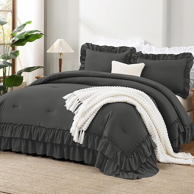 Andency Dark Gray California King Comforter Set, 3 Pieces Lightweight Fluffy Farmhouse Shabby Chic Bedding Comforter Sets, Soft Microfiber All Season Cal King Bed Set (104x96Inch)