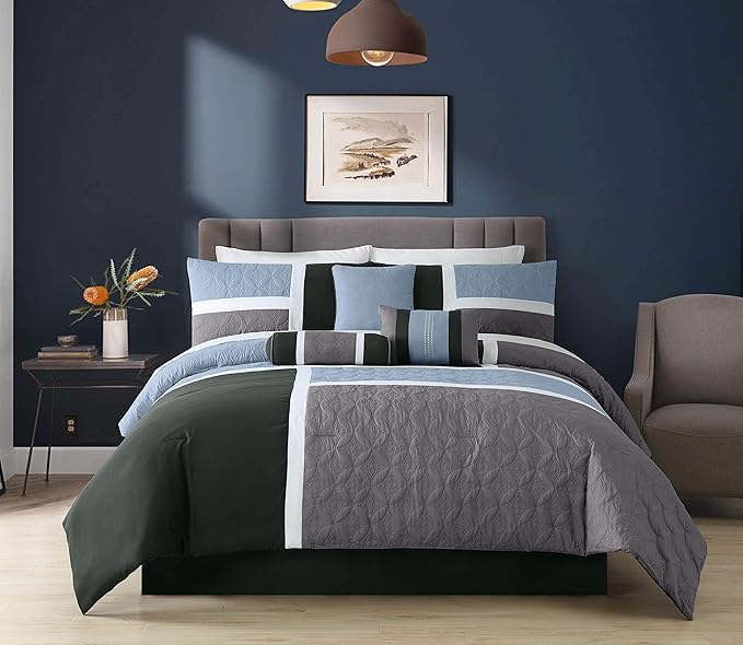Chezmoi Collection Upland 7-Piece Quilted Patchwork Comforter Set, Gray/Light Blue/Charcoal, King