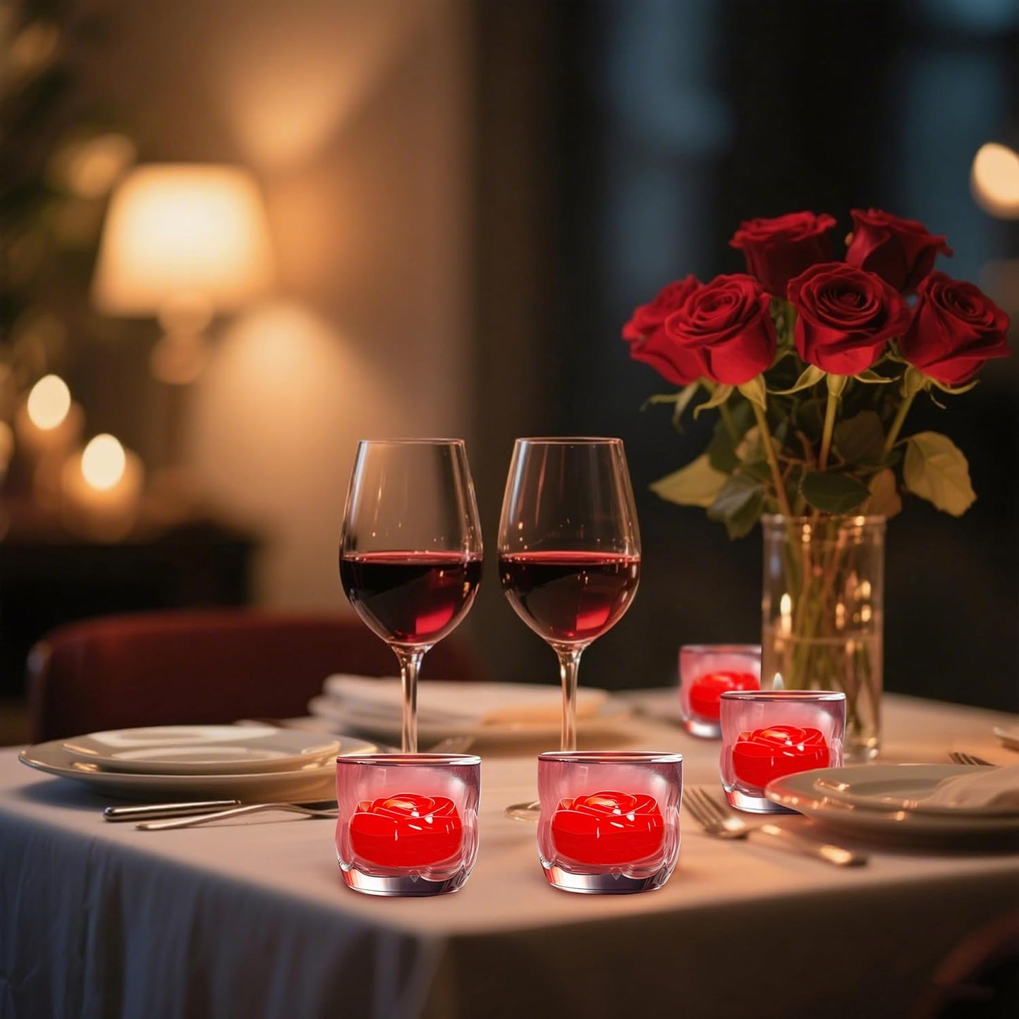 Aignis 12pcs Flameless LED Floating Candles, Red Rose Plastic Tealights Battery Operated, 120+ Hours Glow Time, Cozy Light for Romantic Pool/Bathtub/Hot Bath/Wedding Centerpiece Decor(D2.83 * H1.42)