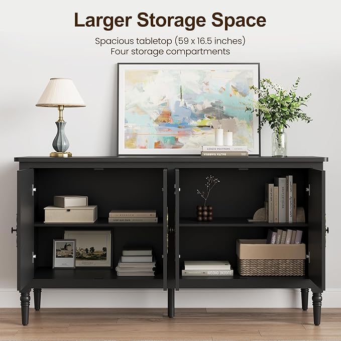 RoyalCraft Buffet Sideboard Table 2 pcs, 59'' Mid Century Modern Console Table, Media Cabinet with 4 Doors, Accent Cabinet Wood Sideboard, for Entryway, Living Room, Dining Room, Satin Black