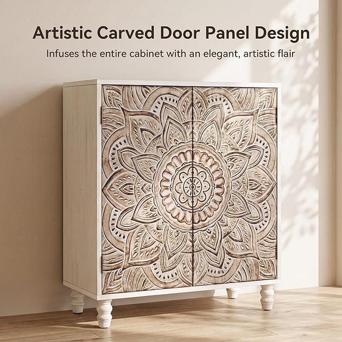 COSIEST 32" W Sideboard Buffet Cabinet with Storage, Accent Cabinet with 2 Push-to-Open Magnetic Doors, Vintage MDF Buffet Table for Living Room, Kitchen, Hallway (Gray,Lotus Pattern) | with Storage, Accent Cabinet, Vintage, Buffet Table, Lotus Pattern