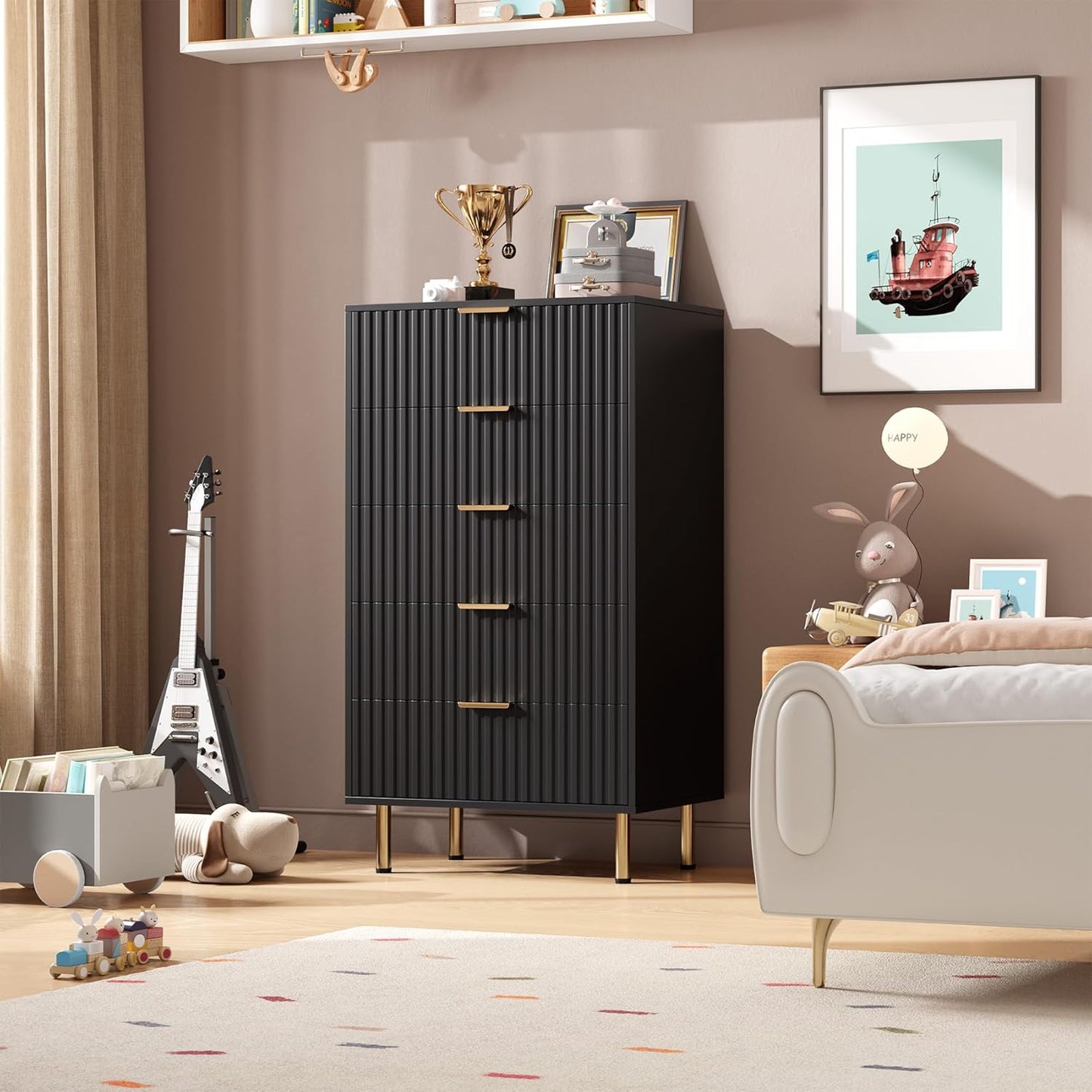 5 Drawer Dresser for Bedroom, 47.2" Tall Modern Chest of Drawers with Deep Drawers and Wide Top, Fluted Wooden Dresser Organizer for Living Room, Hallway, Kids Room, Black