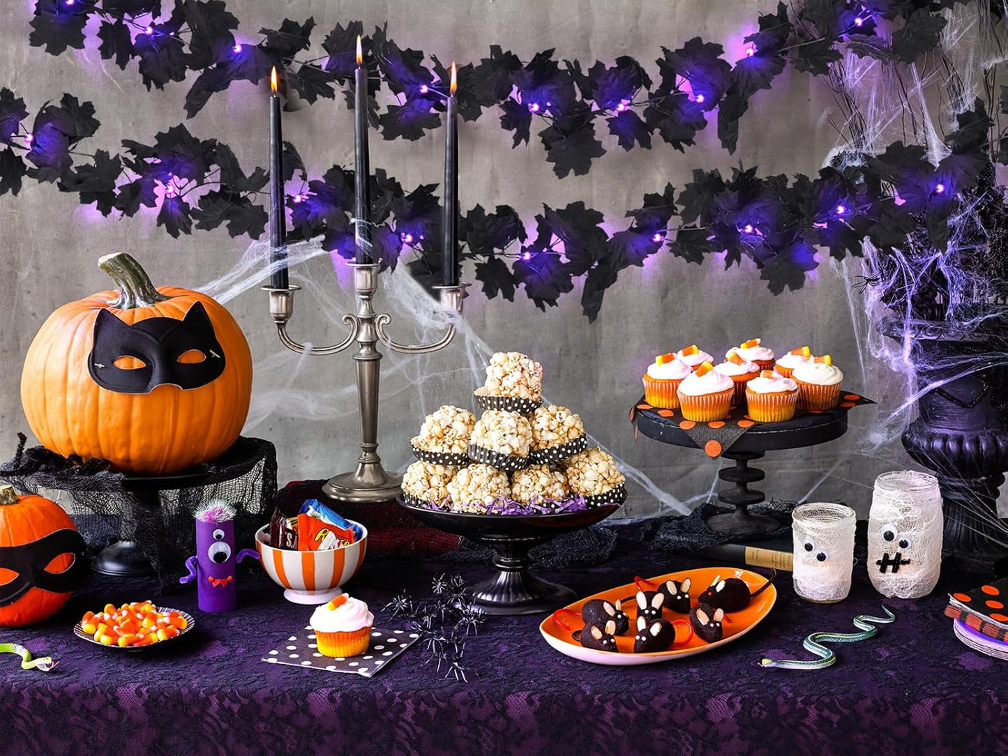 RECUTMS Halloween Maple Leaf Garland with Purple Lights - Black Artificial Leaves Decor for Home Mantle, Stairs, Indoor/Outdoor - 2 Pack