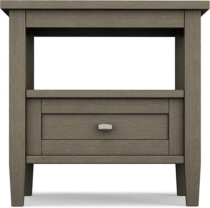 SIMPLIHOME Warm Shaker End Table - 20 inch Wide Solid Wood Side Table in Farmhouse Grey, Transitional Accent Table for Living Room or Bedroom with Drawer, Open Shelf and Square Tapered Legs