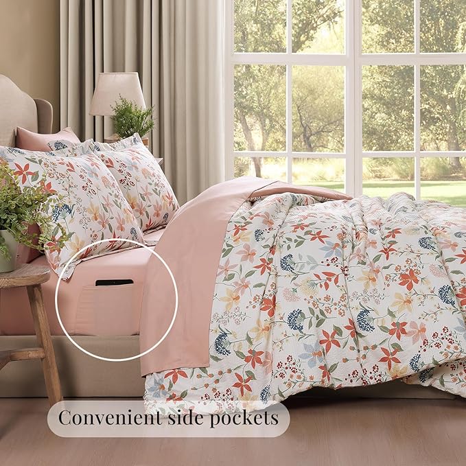 CASAAGUSTO Queen Comforter Set, 7 PCS Clay Pink Floral Comforter Set with Flowers Leaves Pattern, Soft Seersucker Design All Season Queen Size Bedding Set(90"X90")