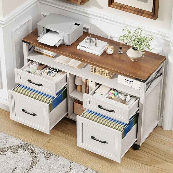 Vabches Farmhouse Filing Cabinet with Adjustable Shelf & Wheels, Lateral File Cabinets, Office Storage Cabinet with 4 Drawers and Open Storage Space, for Hanging Files Letter/A4, for Home Office