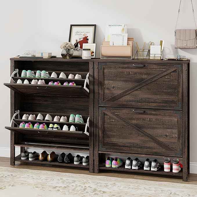 Vabches Shoe Storage Cabinet, 5-Tier Farmhouse Freestanding Organizer with 2 Flip Drawers, Wooden Shoes Rack Cabinets Storage Organizer with Doors for Entryway, Hallway, Closet, Dark Oak