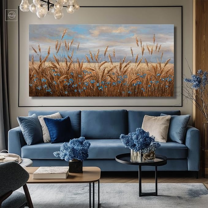 GAIDUOMAI Blue and Gold Pictures Rustic Wall Art Wheat Room Decor Floral Art Posters for Dining Room Big Painting for Living Room Kitchen 29x58 Inch