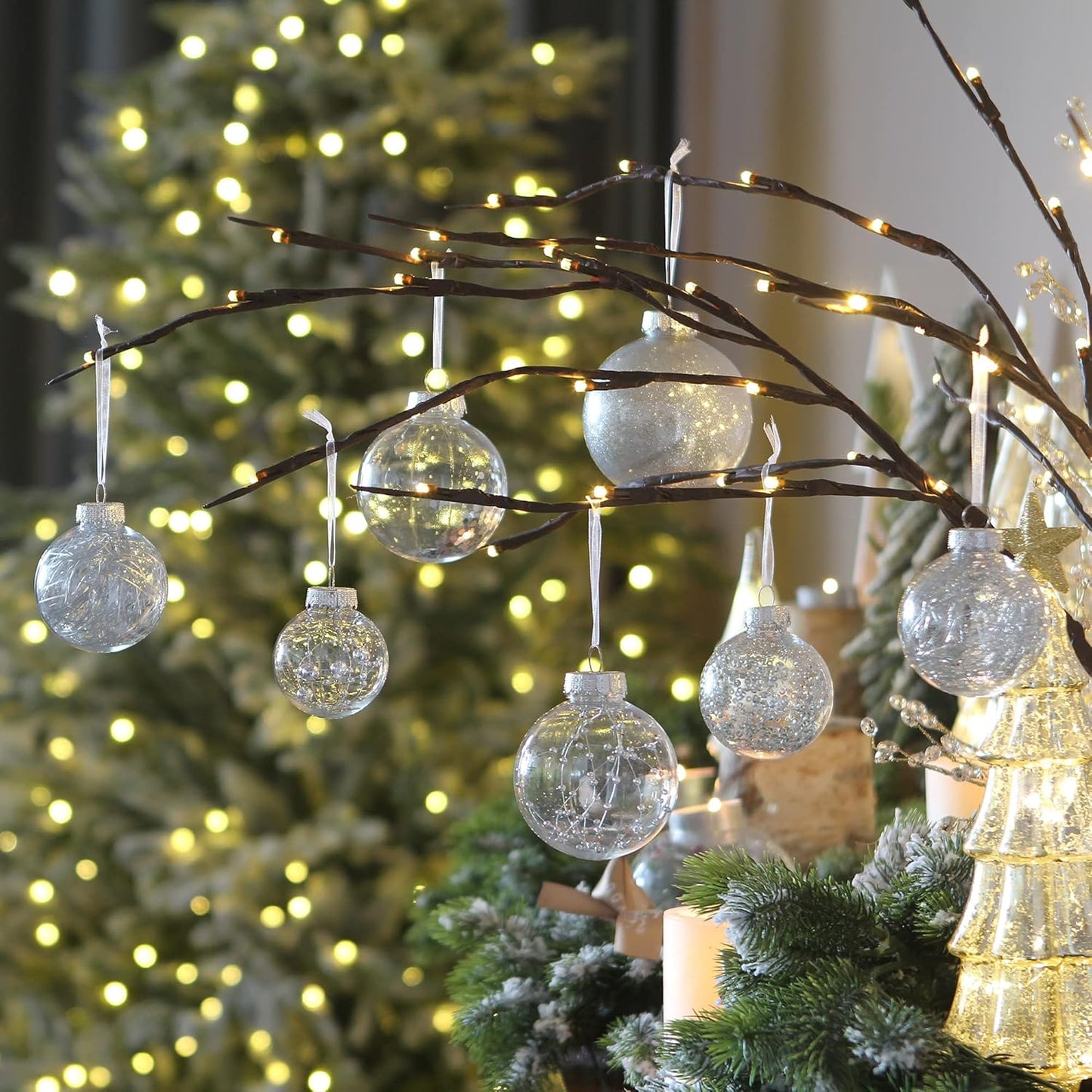 Sea Team 70mm/2.76" Shatterproof Clear Plastic Christmas Ball Ornaments Decorative Xmas Balls Baubles Set with Stuffed Delicate Decorations (24 Counts, Silver)