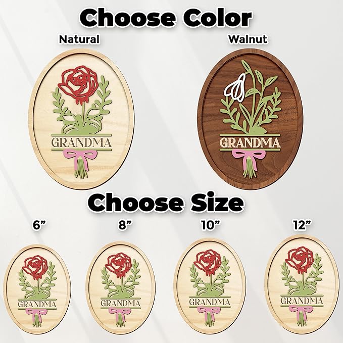 Personalized Birth Month Flower Sign, Custom Grandma Gifts for Mothers Day with Name, Flowers Art Craft Family Keepsake, Birthday Gifts for Women Mom Nana, Grandma's Wooden Sign for Home Decor