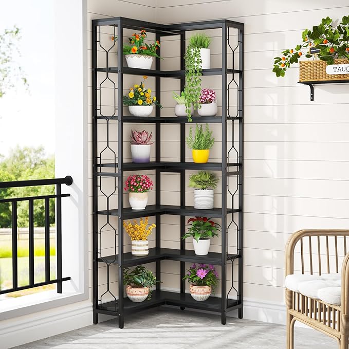 Tribesigns Corner Shelf, 7-Tier Industrial Corner Bookshelf, Wood and Metal Corner Etagere Bookcase, Freestanding Display Shelf for Living Room, Kitchen, Home Office, Light Black