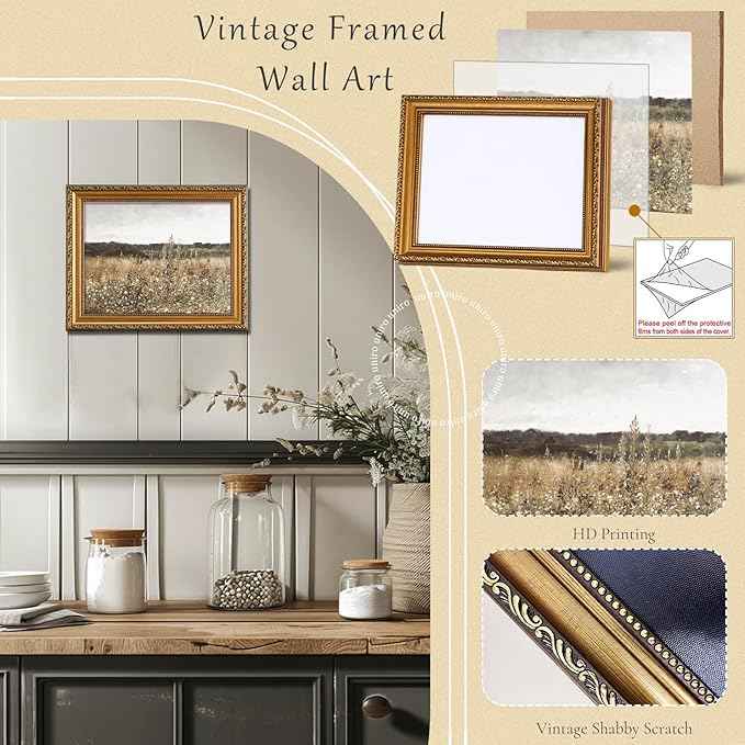 uniro Vintage Gold Framed Wall Art for Home Decor, Farmhouse Wall Decor Wildflower Field Landscape Canvas Artwork, Antique Landscape Oil Painting for Bedroom Wall Decor, Rustic Country Aesthetic Picture for Bathroom, Living Room, Desktop Decor - 12x16Inch