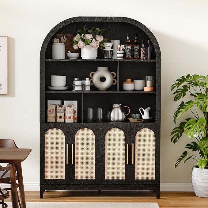 71" Arched Tall Wood Storage Cabinet - 5-Tier Rattan Door Pantry Organizer with Divider Shelf & Gold Handles, Versatile Bookcase for Living Room & Kitchen, Jet Black