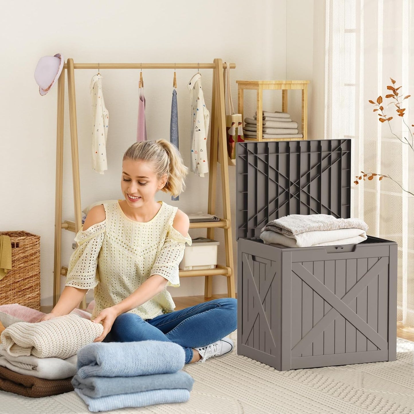 Vixzen 32 Gallon Outdoor Deck Box,Lockable Resin Waterproof Storage Box,UV Resistant,Weather Resistance,Outside Storage Bin for Gardening Tools,Pool Supplies,Grey