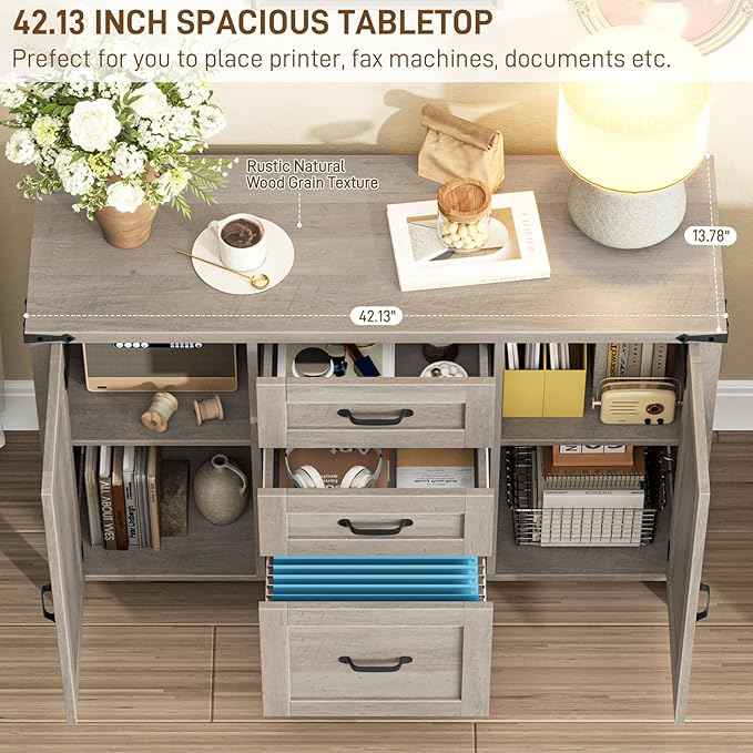 Vabches File Cabinet with 3 Drawers, Farmhouse Lateral File Cabinet Fits Files Letter/A4 Size, Wooden Filing Cabinet with Door and Adjustable Shelves Printer Stand for Home Office, Rustic Grey