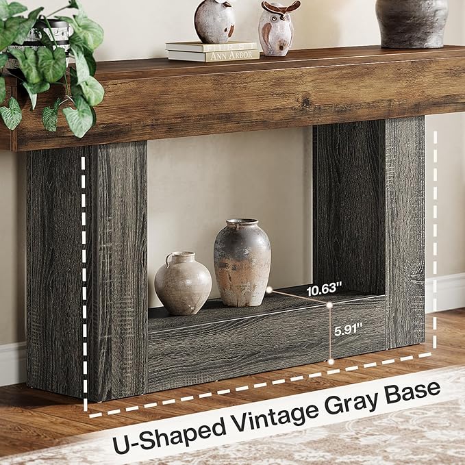 Tribesigns 63" Console Table, Farmhouse 2-Tier Entryway Table with U-Shaped Base, Narrow Long Wood Sofa Table Behind Couch Table for Living Room, Hallway, Foyer, Vintage Brown & Gray | Farmhouse, Entryway Table, Narrow, Long, Sofa Table, Behind Couch T...