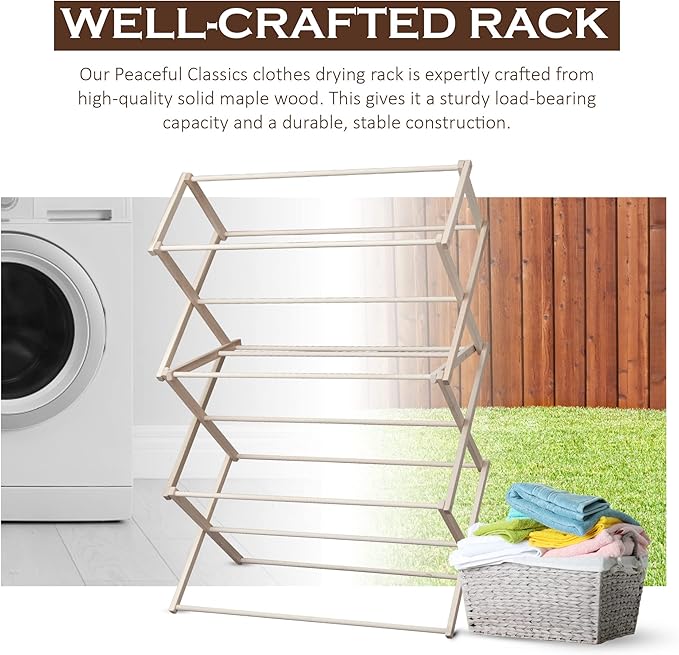 Peaceful Classics Wooden Laundry Rack - Amish Handmade Wooden Clothes Drying Rack - Foldable Drying Rack for Towel, Blanket, Linen Household Essentials - for Indoor Or Outdoor Use (38" x 30" x 13")