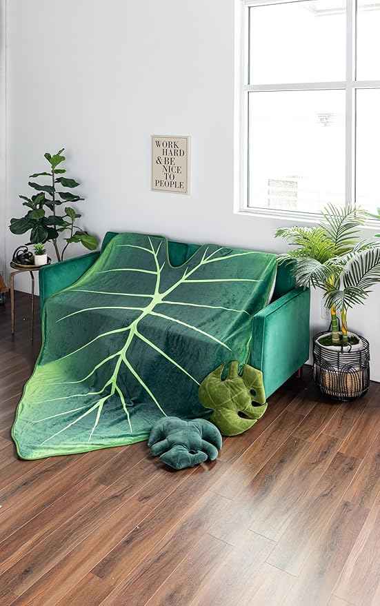 Green Philosophy Co. Regal Shield Alocasia Giant Leaf Shaped Blanket Monstera Flannel Throw Soft Cozy Breathable Lightweight and Decorative Leaves Design Gift for Plant Lovers Bed Sofa and Couch
